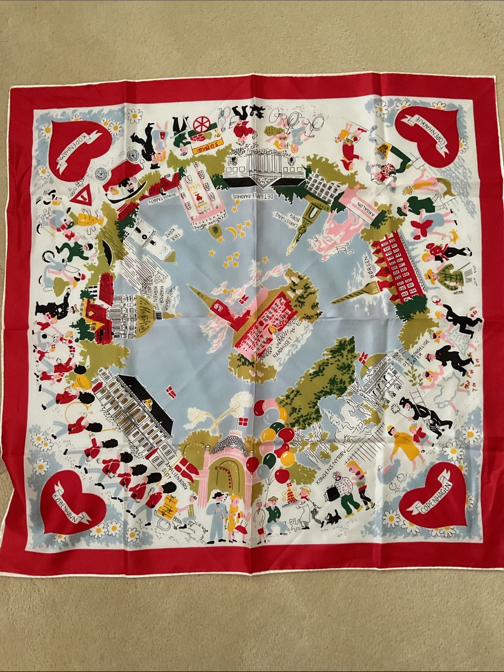Vintage Copenhagen Denmark Souvenir Scarf – Illustrated Landmark Print